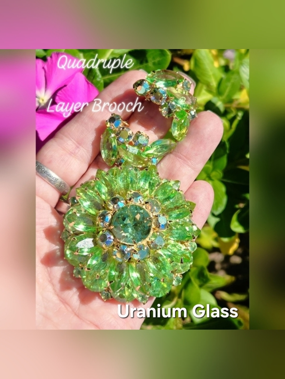 Vintage Uranium Glass & Peridot Rhinestone Parure - Tiered Riveted Brooch & Earr